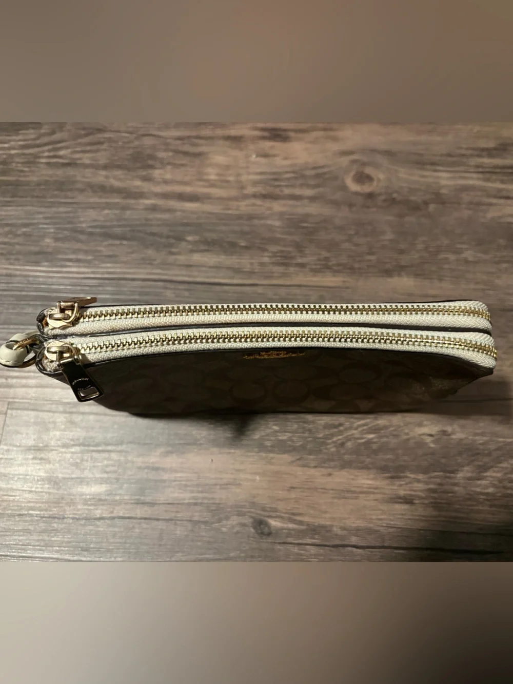 Coach Brown Signature Canvas Wristlet with Gold Logo